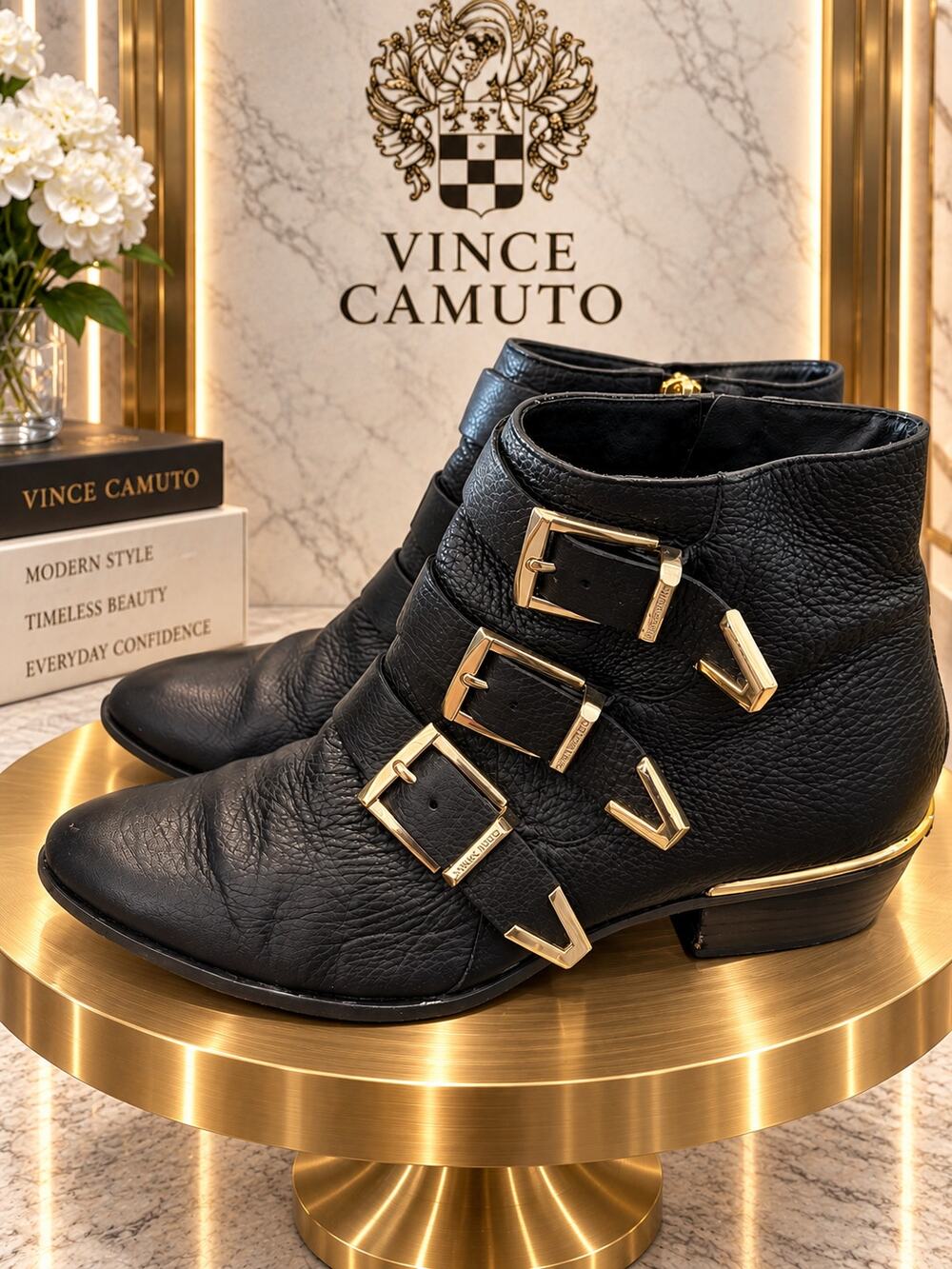 Vince Camuto Tipper Black Leather Triple Buckle Ankle Boots Size 6M